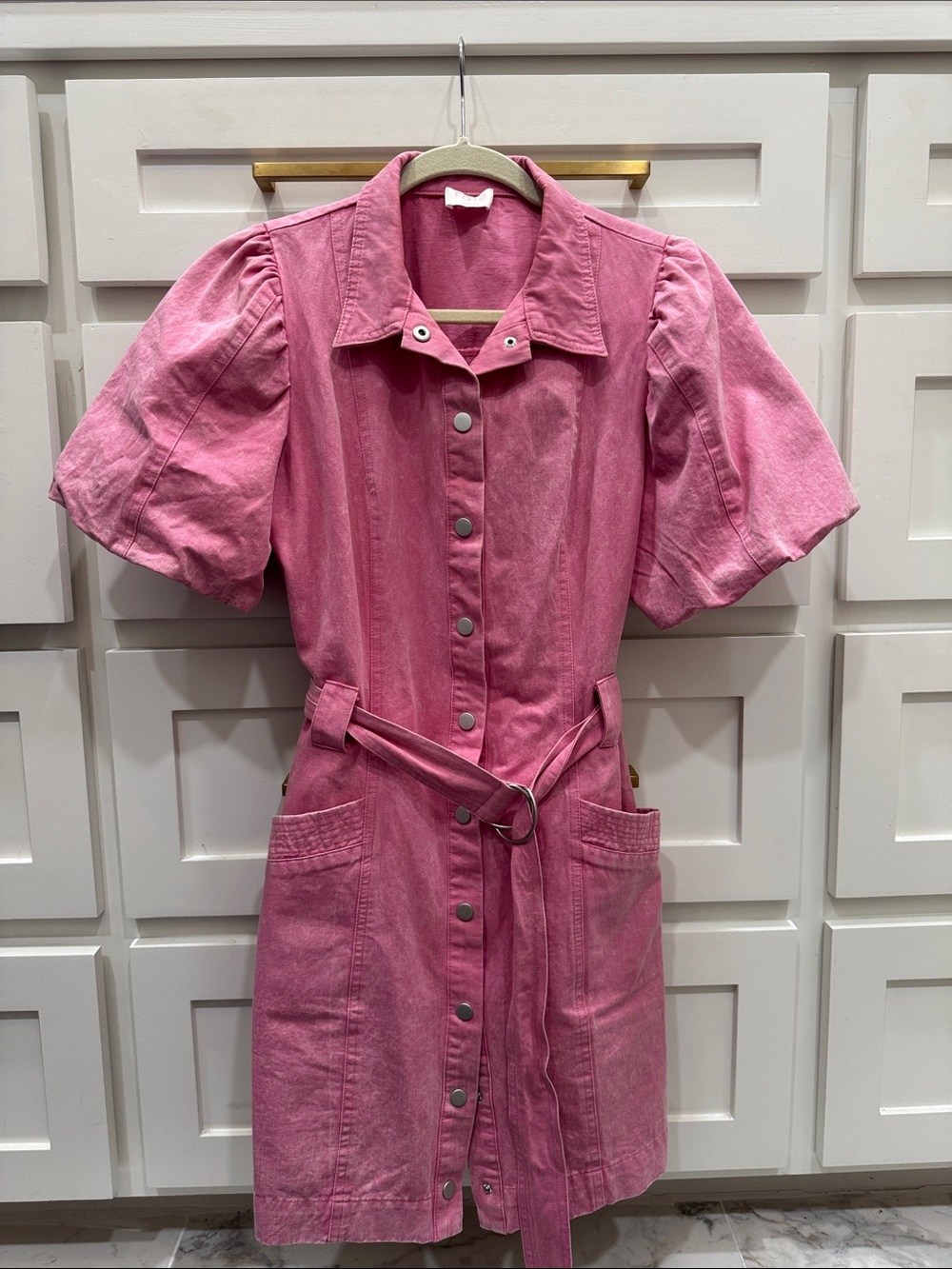 Fate Pink Puff-Sleeve Button Front Dress with Belt